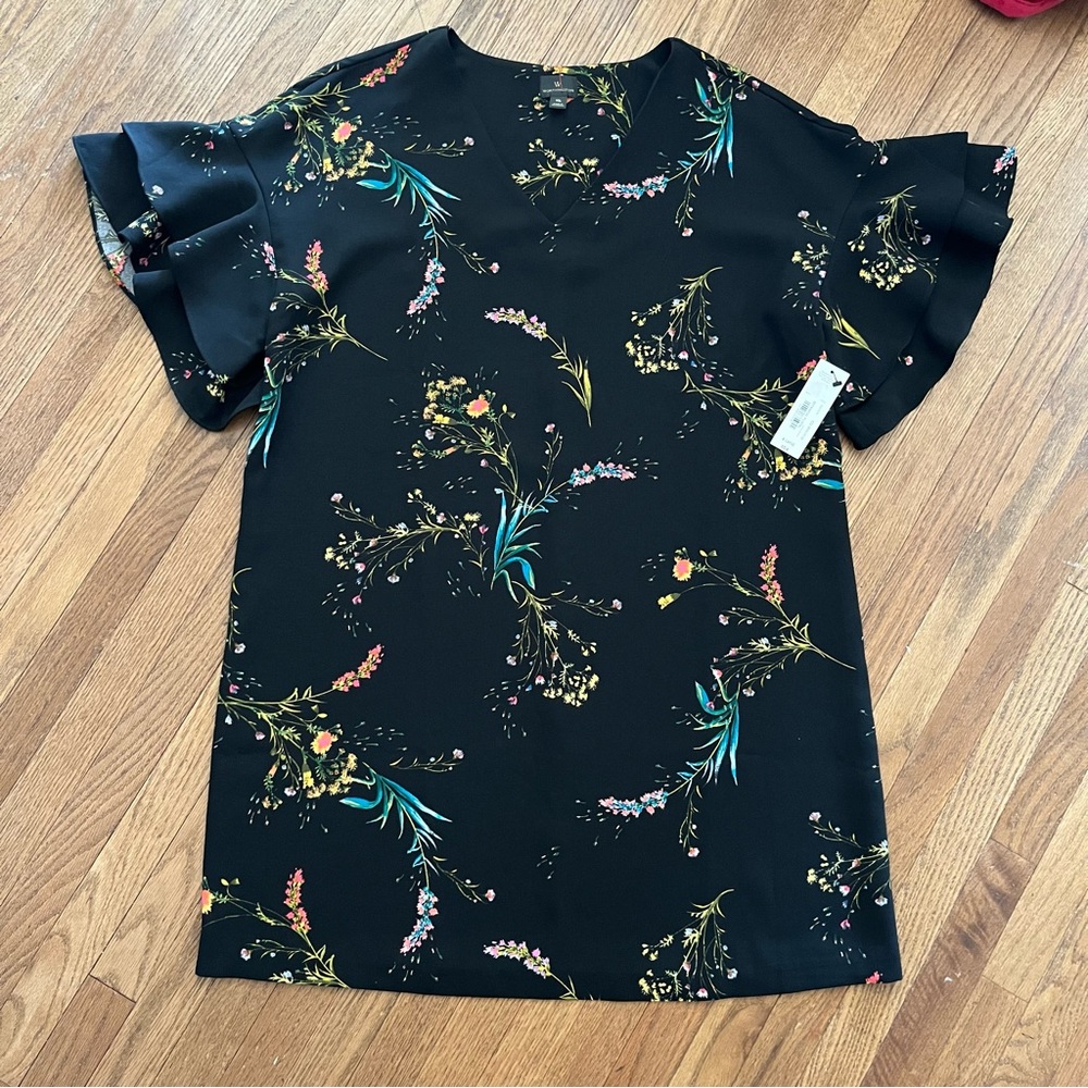 Worthington Botanical Floral Print Shift Dress Double Ruffle Sleeve Size XL